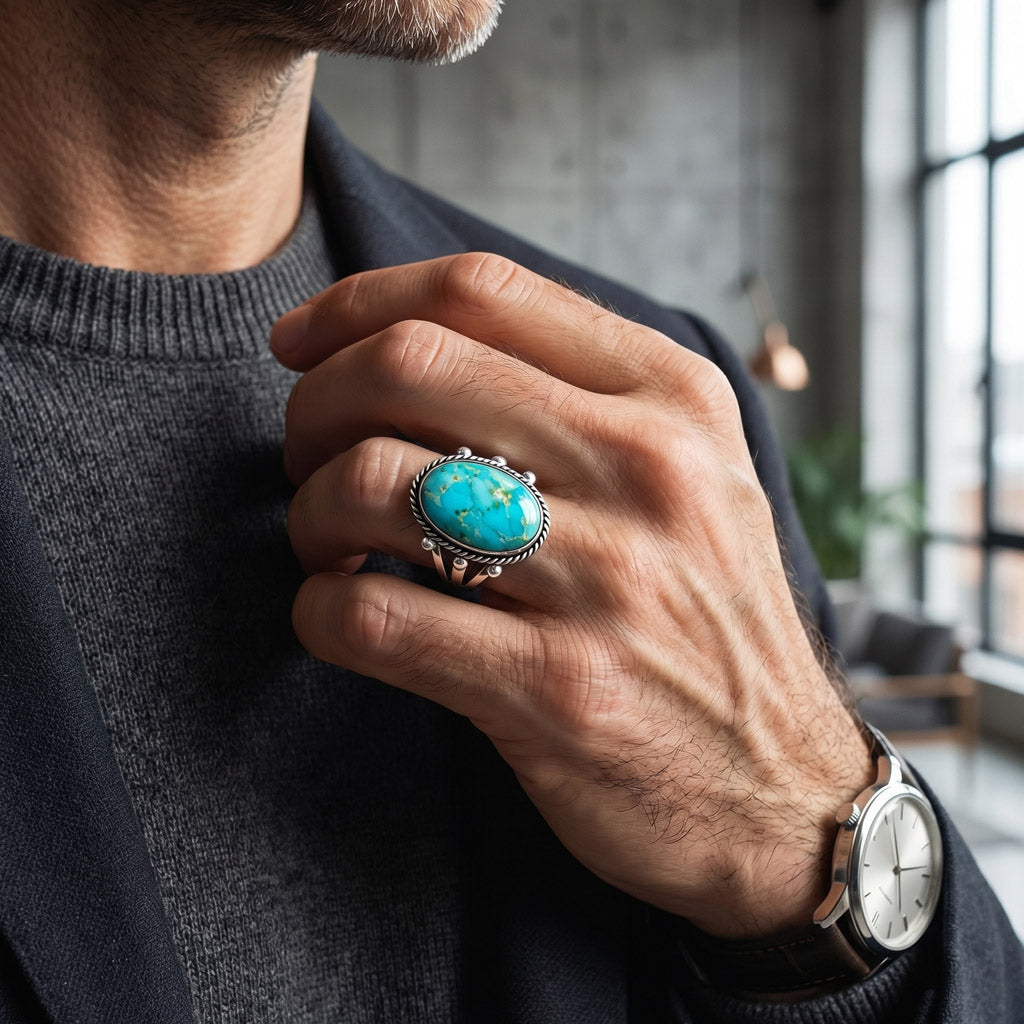 Turquoise Ring Sterling Silver R2381-C75 (Unisex, Sizes 6-14)