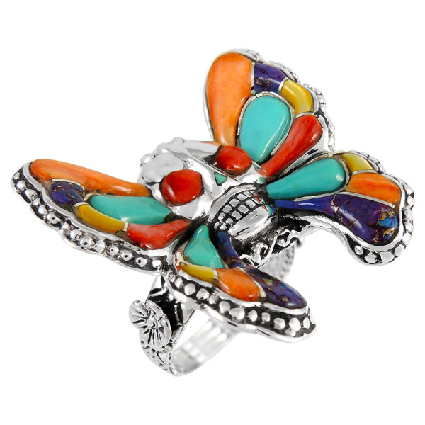 Sterling Silver Skull in Butterfly Ring Multicolor R2396-C01