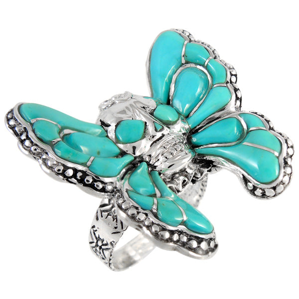 Sterling Silver Skull in Butterfly Ring Turquoise R2396-C05