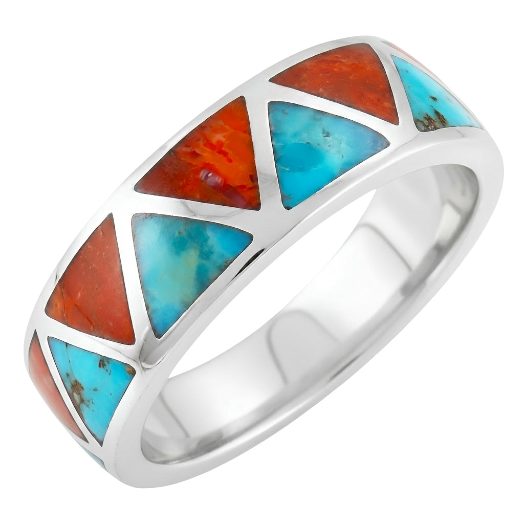 FINAL CLEARANCE - Turquoise & Coral Eternity Band Ring SilveryCopper™ R2477-SB-C85 (Unisex, Sizes 6-13)