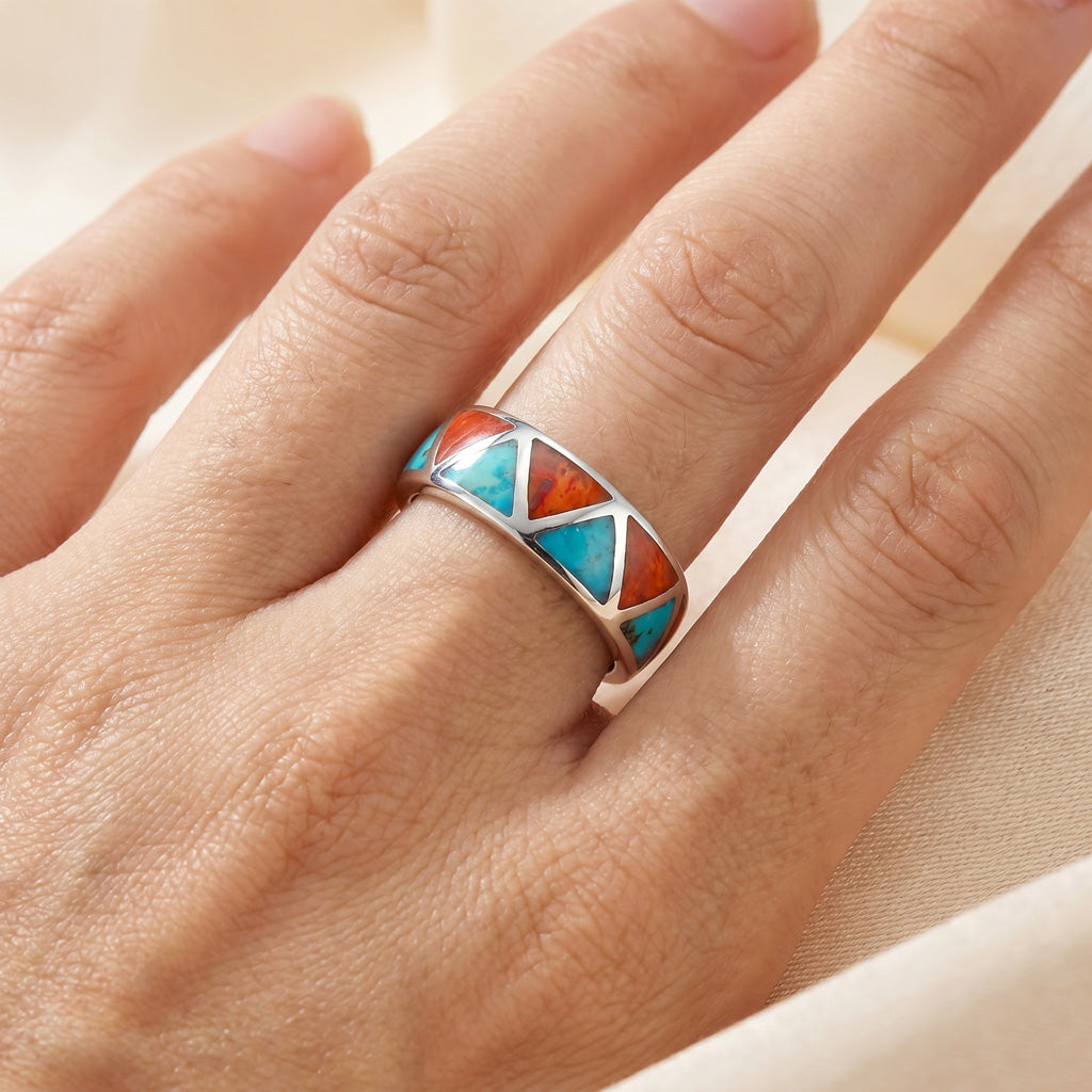 FINAL CLEARANCE - Turquoise & Coral Eternity Band Ring SilveryCopper™ R2477-SB-C85 (Unisex, Sizes 6-13)
