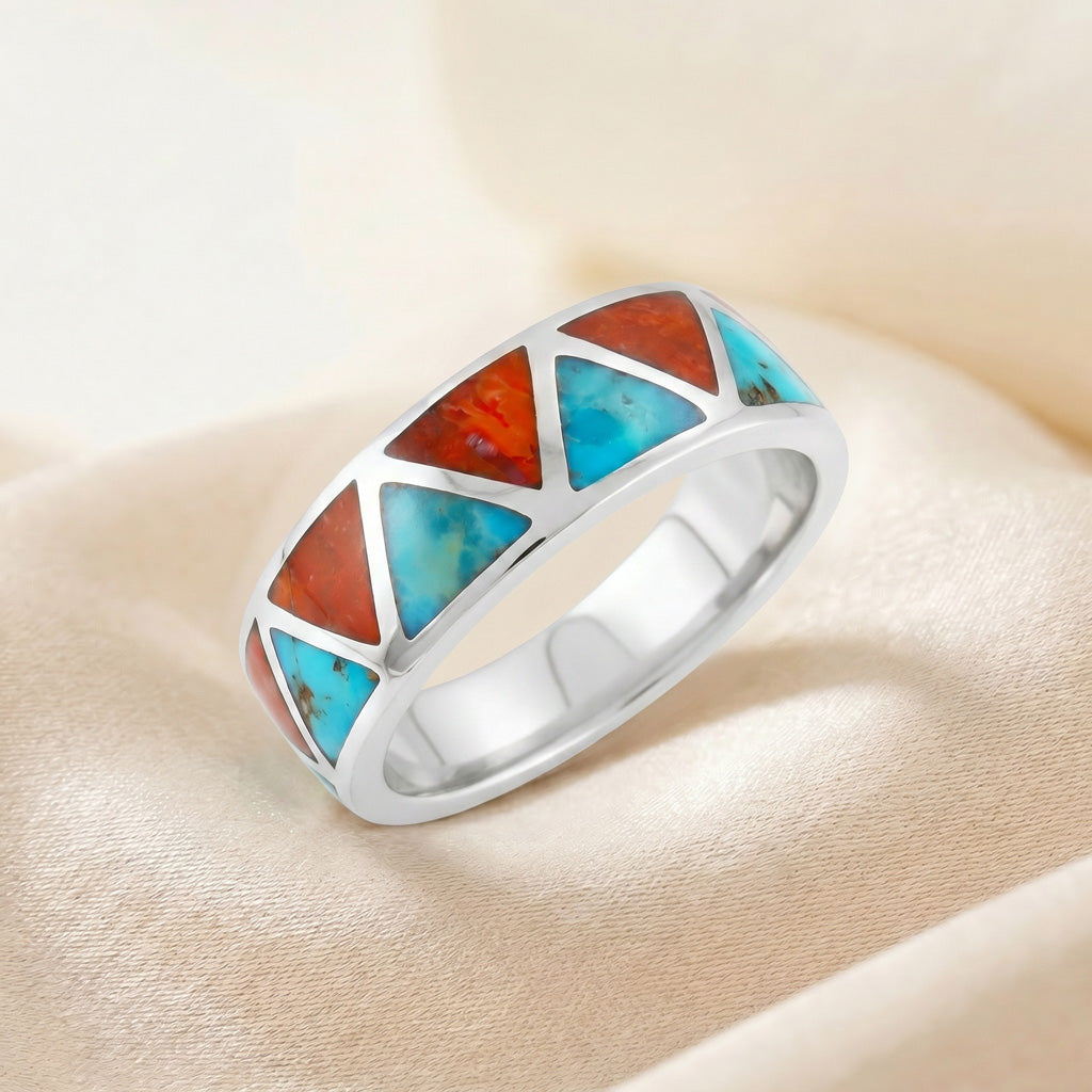 FINAL CLEARANCE - Turquoise & Coral Eternity Band Ring SilveryCopper™ R2477-SB-C85 (Unisex, Sizes 6-13)