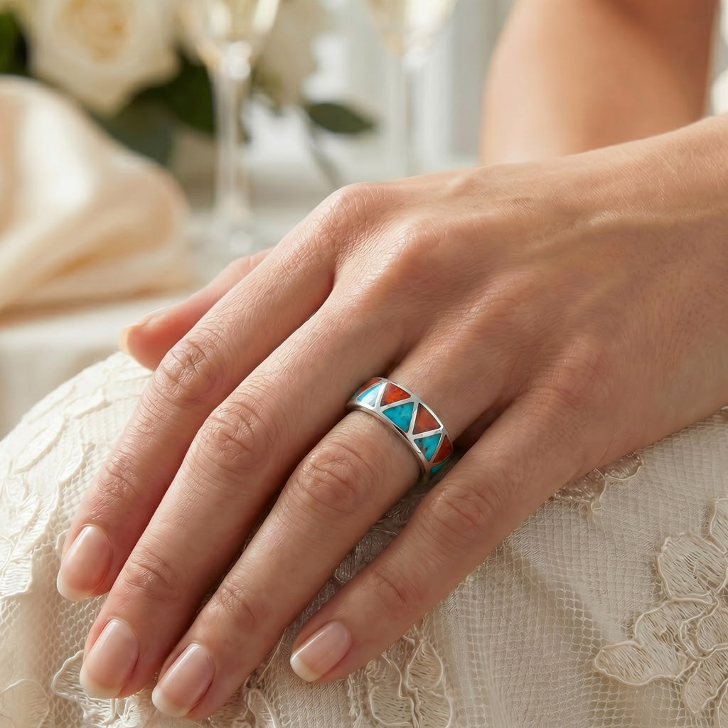 FINAL CLEARANCE - Turquoise & Coral Eternity Band Ring SilveryCopper™ R2477-SB-C85 (Unisex, Sizes 6-13)