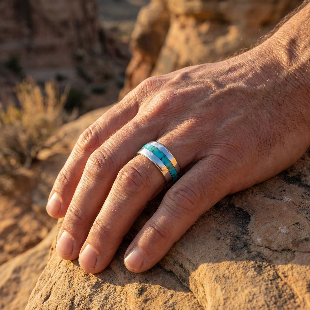 FINAL CLEARANCE - Turquoise Eternity Band Ring SilveryCopper™ R2497-SB-C75 (Unisex, Sizes 6-13)