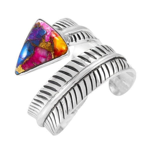 Rainbow Spiny Turquoise Feather Ring Sterling Silver R2499-C91