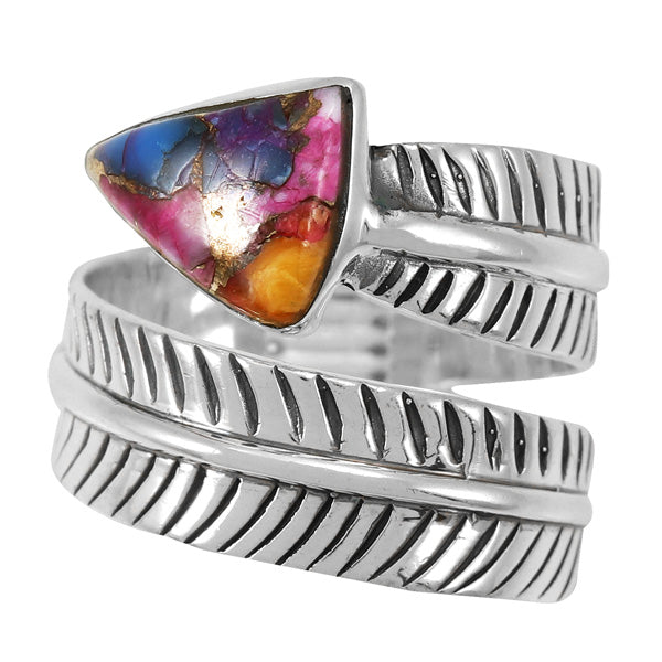 Rainbow Spiny Turquoise Feather Ring Sterling Silver R2499-C91