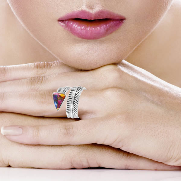 Rainbow Spiny Turquoise Feather Ring Sterling Silver R2499-C91