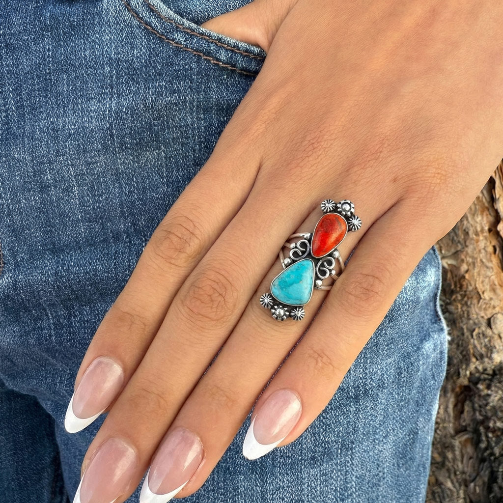 Turquoise & Coral Ring Sterling Silver R2556-SM-C85