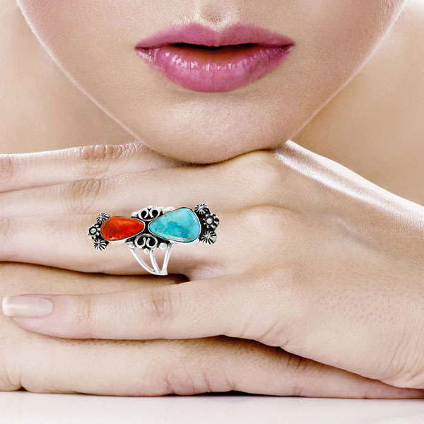 Turquoise & Coral Ring Sterling Silver R2556-SM-C85