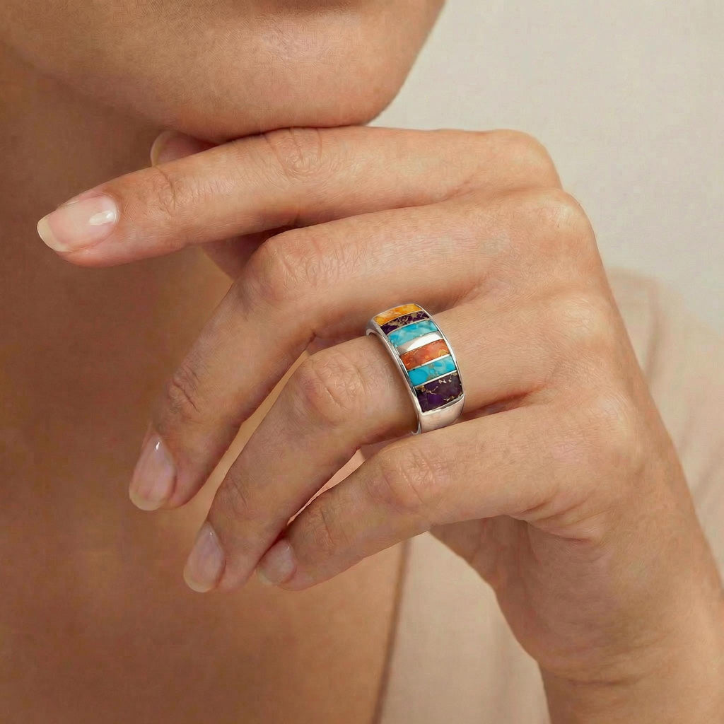 Multi Gemstone Ring SilveryCopper™ R2570-SB-C01 (Unisex, Sizes 6-14)