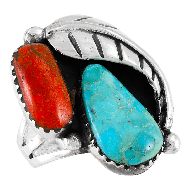 Turquoise & Coral Ring Sterling Silver R2582-LG-C85