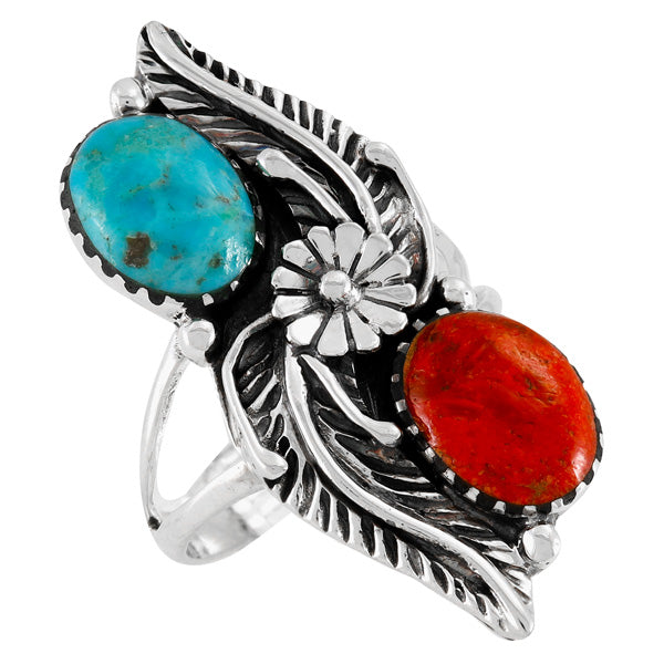 Turquoise & Coral Ring Sterling Silver R2597-C85