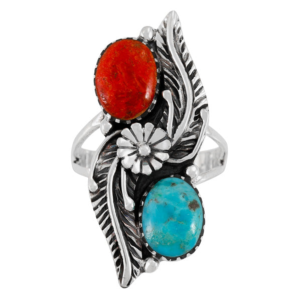 Turquoise & Coral Ring Sterling Silver R2597-C85