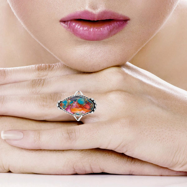 Rainbow Spiny Turquoise Ring Sterling Silver R2615-C91