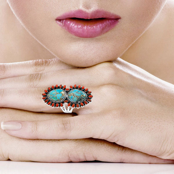 Turquoise & Coral Ring Sterling Silver R2617-C85