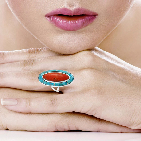 Turquoise & Coral Ring Sterling Silver R2618-C85