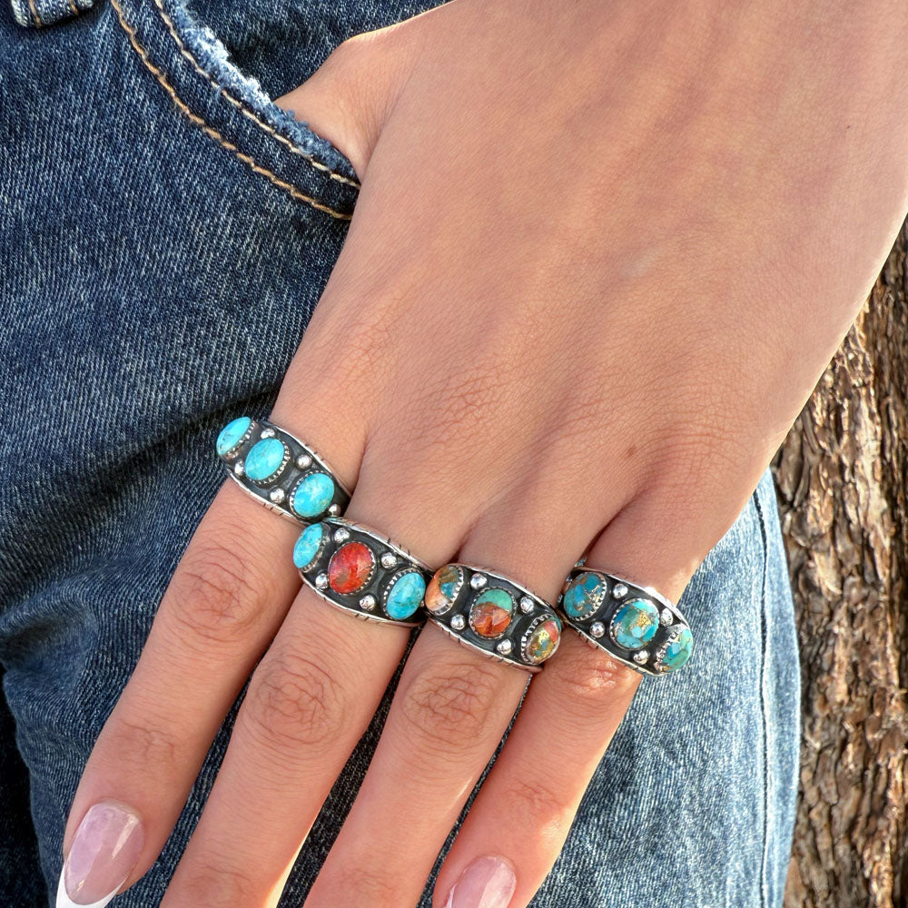 Spiny Turquoise Ring Sterling Silver R2635-C89 (Unisex, Sizes 6-14)