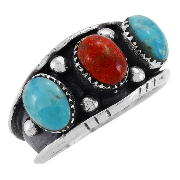 Turquoise & Coral Ring Sterling Silver R2635-C85 (Unisex, Sizes 6-13)