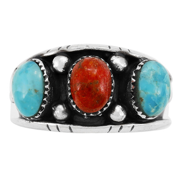 Turquoise & Coral Ring Sterling Silver R2635-C85 (Unisex, Sizes 6-13)