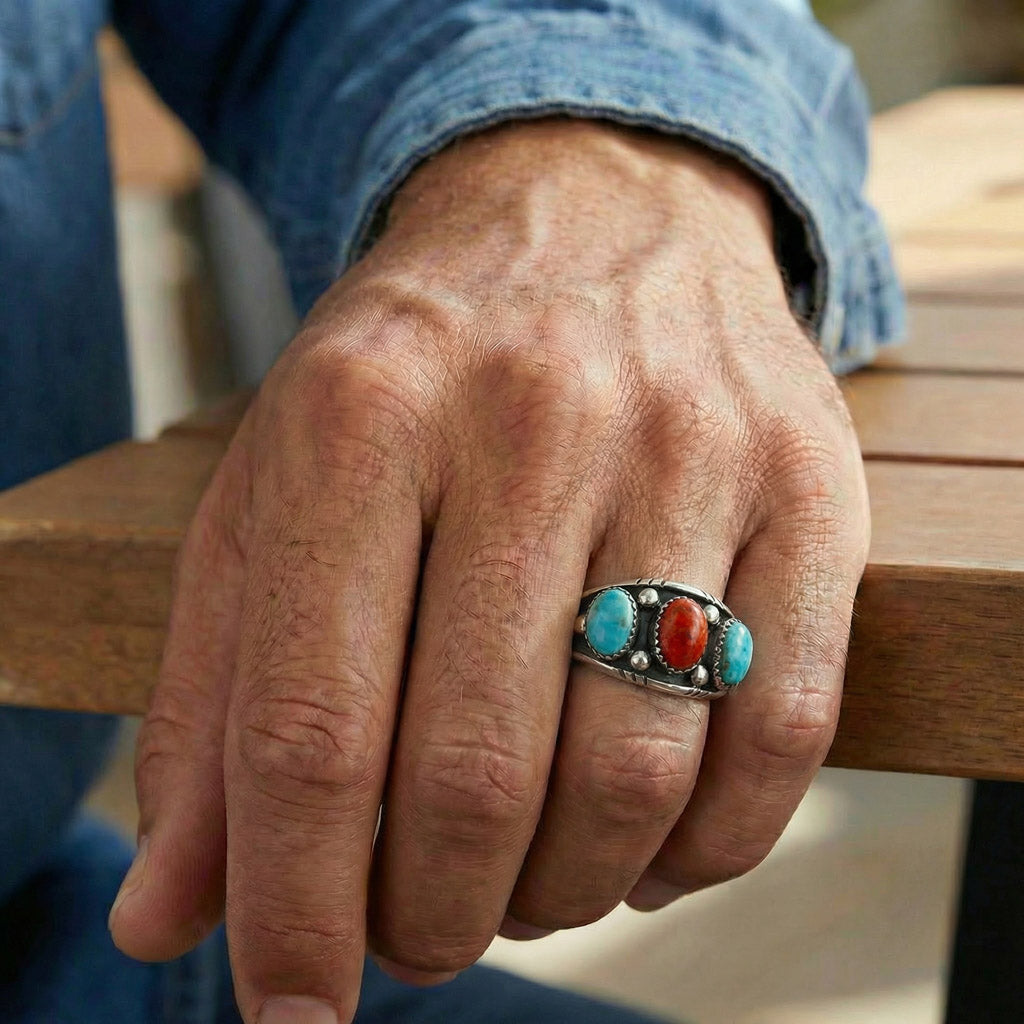 Turquoise & Coral Ring Sterling Silver R2635-C85 (Unisex, Sizes 6-14)