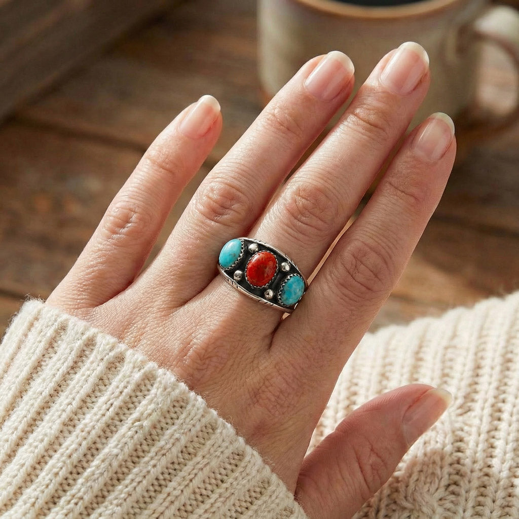Turquoise & Coral Ring Sterling Silver R2635-C85 (Unisex, Sizes 6-14)