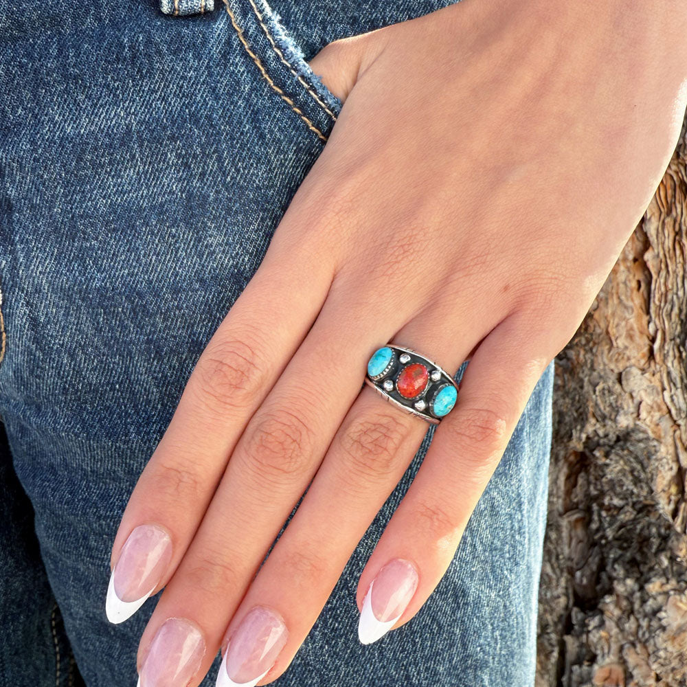 Turquoise & Coral Ring Sterling Silver R2635-C85 (Unisex, Sizes 6-14)