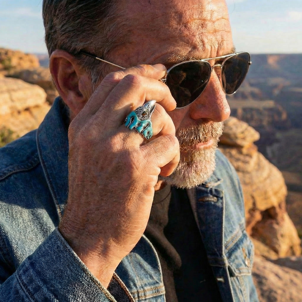 Men's Eagle Turquoise Ring Sterling Silver R2638-C75 (Sizes 9-14)