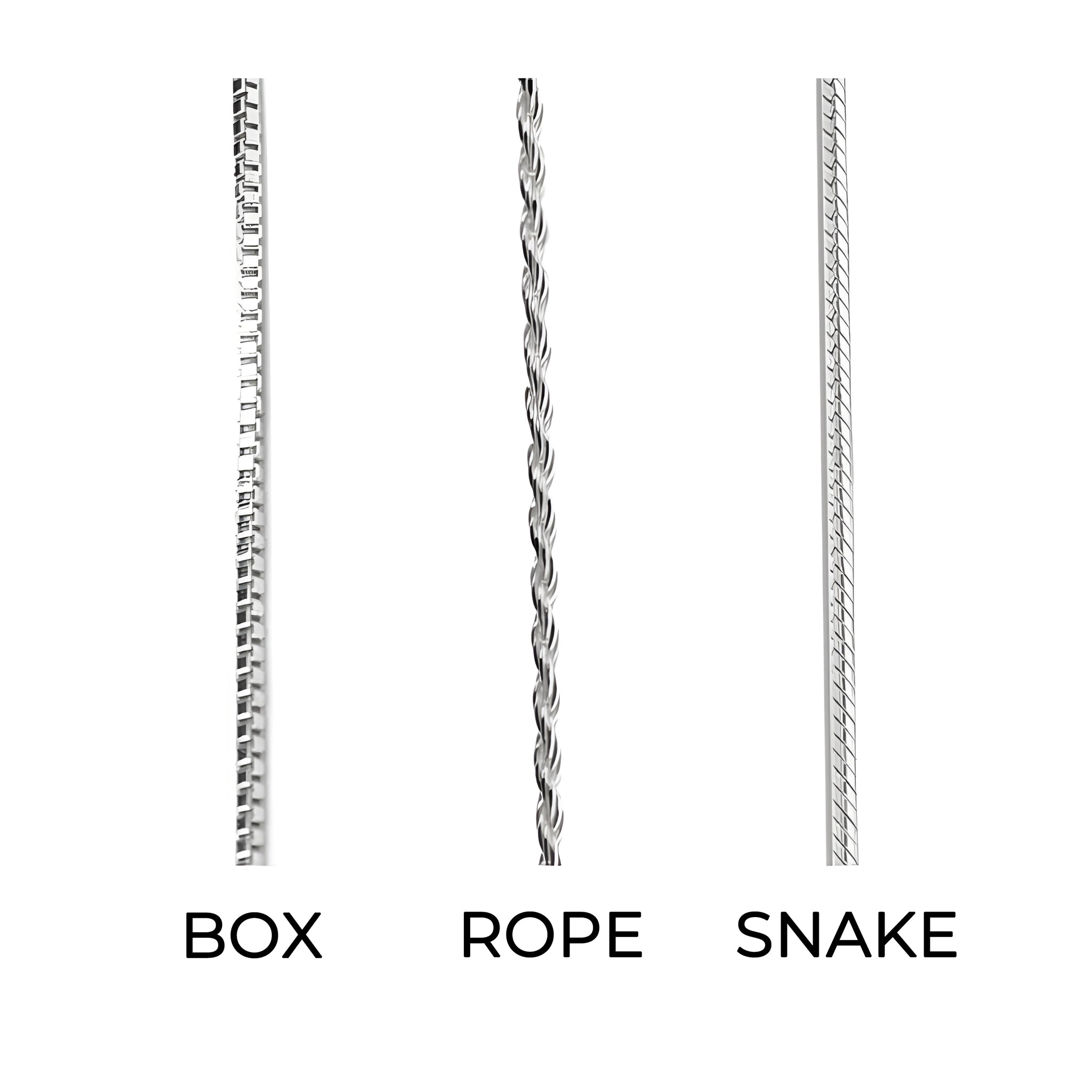 Sterling Silver Chain Box, Snake, & Rope. Lengths 16"-30" (chains fit our pendants)
