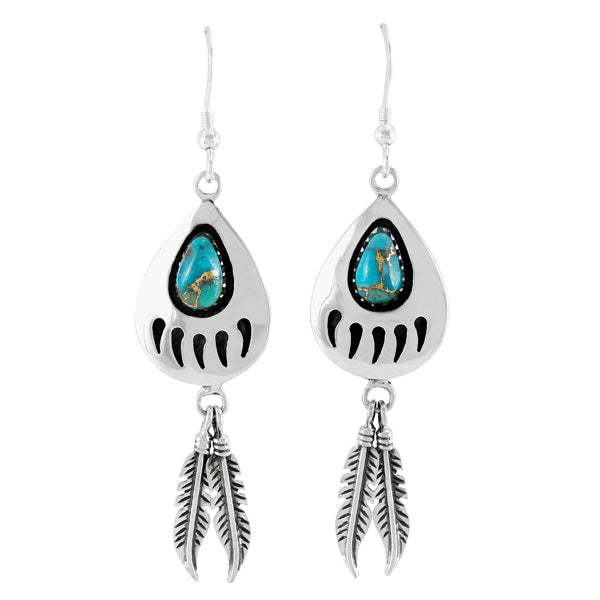 Matrix Turquoise Bear Paw Feather Earrings Sterling Silver E1485-C84 (Size Options)