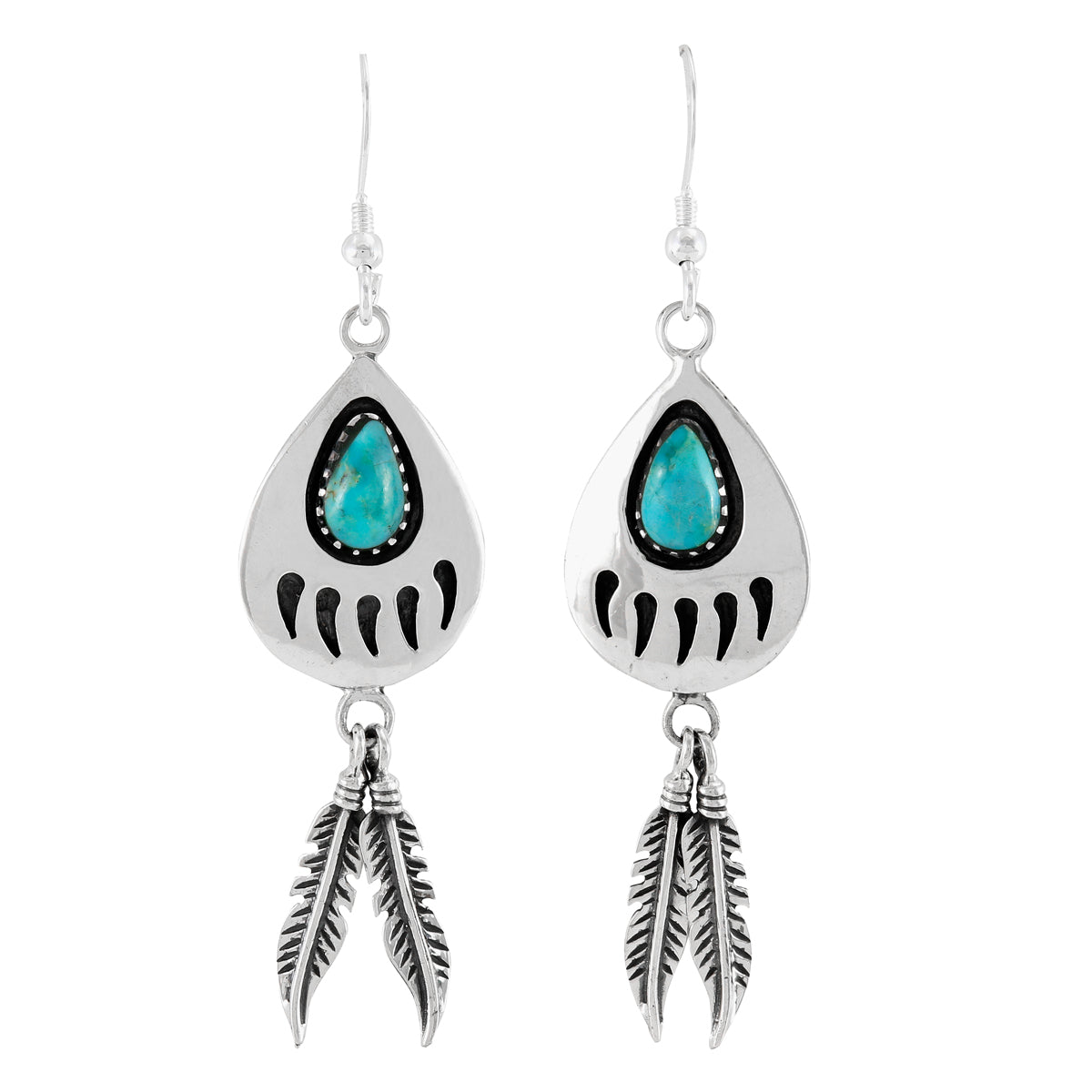 Turquoise Bear Paw Feather Earrings Sterling Silver E1485-C75 (Size Options)